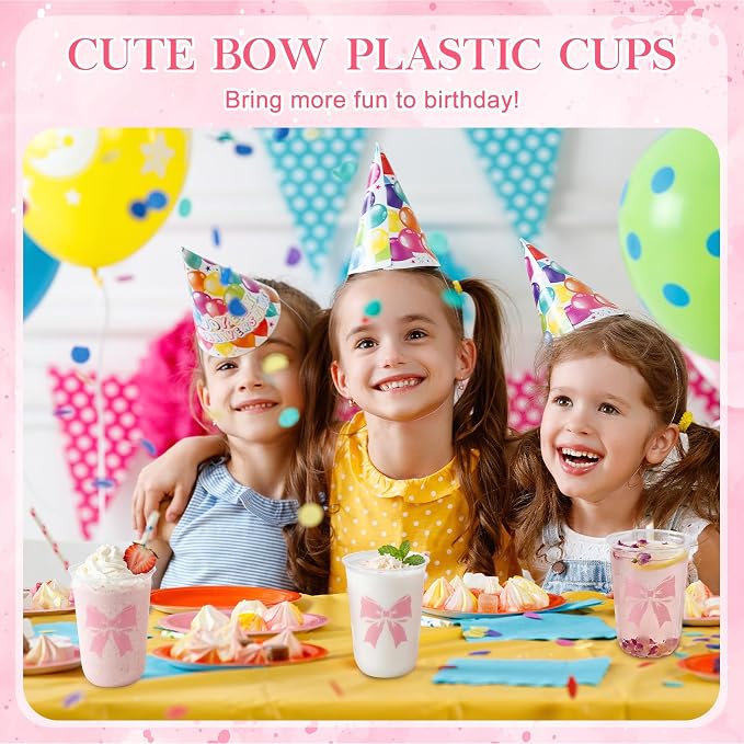 Ziliny 50 Pcs 16oz Pink Bow Cups Birthday Party Decorations Supplies Disposable Plastic Cups for Bachelorette Party Valentines Galentines Day Christmas Wedding Baby Shower