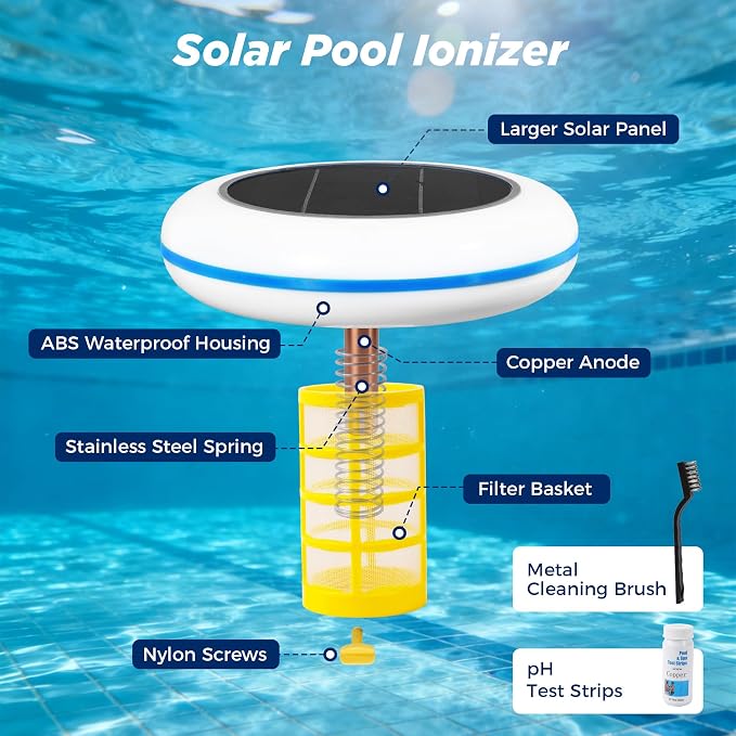 Solar Pool Ionizer with Multi-Color LED Light – Floating Copper Pool Ionizer with Large Solar Panel & Durable Anode for Above Ground & Inground Pools Up to 35,000 Gallons
