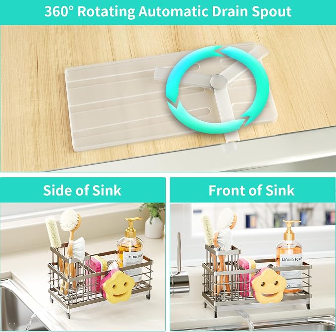 HapiRm Sink Caddy Sponge Holder - Self-draining Kitchen Sink Organizer with Smiley Face and Brush Holder, Stainless Steel Kitchen Organizer for Countertop - Brushed Nickel