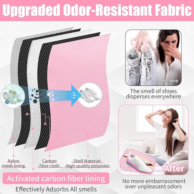 SelfTek Smell Proof Travel Shoe Bags for Women - Cleat Bags for Sports, Water-Resistant Travel Shoe Organizer with Active Carbon Fabric, Lightweight Gol-f soccer cleats Shoe Bag- Pink