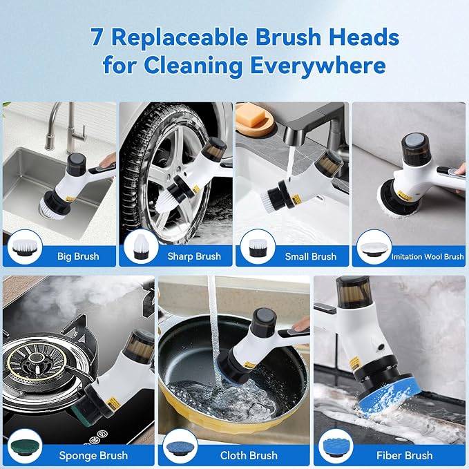 11 in 1 Electric Spin Scrubber Cordless Shower Scrubber with 2 Adjustable Speeds Spray Shower LED Display Shower Cleaner Brush with Long Handle for Bathroom Floor Tub Tile Toilet IPX7 Waterproof | Shower Scrubbe LED Display Shower Cleaner Brush with Lo...