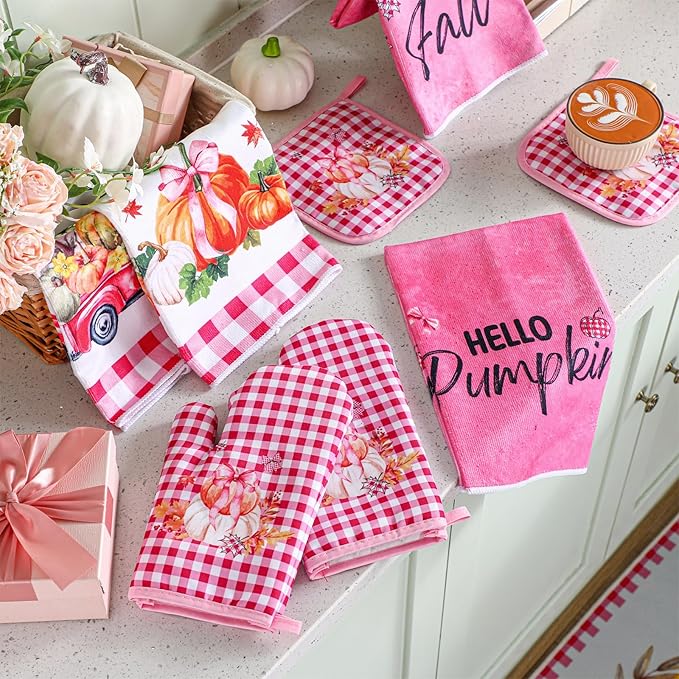 Fanfanwin 10 Pcs Thanksgiving Pumpkin Kitchen Decor Set Pink Kitchen Towels Pot Holders Oven Mitts and Rugs Set for Baking Cooking BBQ Thanksgiving Home Decor