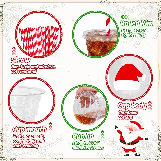 Whaline 50 Pcs 12 Oz Christmas Disposable Plastic Cups with Lids and Straws Red Santa Hat Cold Beverage Drinking Cups for Winter Xmas Birthday Party Supplies