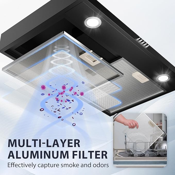 Rang Hood 30 inch Under Cabinet, Ductless Slim Kitchen Range Hood Vent with Filter, LED Lights, 3 Speed Exhaust Fan, Campanas para Cocina (JX3875- Black)