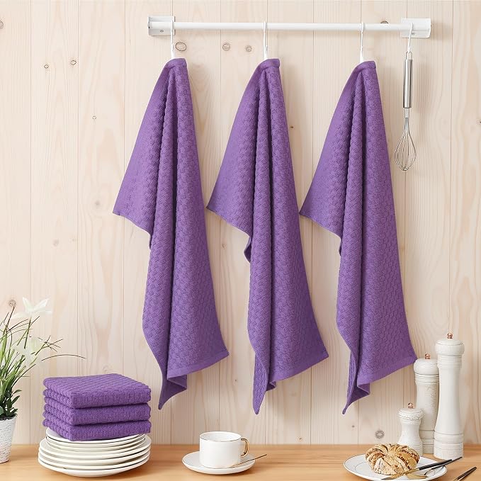 Homaxy 100% Cotton Terry Kitchen Towels(15" x 25", 4 Pack), Soft and Super Absorbent Dish Towels, 380 GSM Reusable Tea Towel with Hanging Loop, Pineapple Grid Designed, Purple