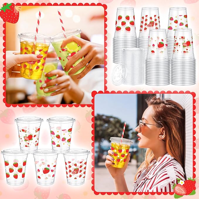 FoldTier 100 Pcs Plastic Strawberry Cups with Lids and Straws 12 oz, Strawberry Party Decoration Disposable Clear Drinking Cups for Baby Shower Berry Fruit Sweet 1st Birthday Shortcake Party Favor