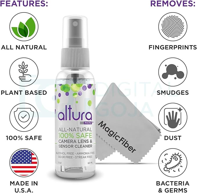 Altura Photo Camera Cleaning Kit - APS-C Lens & Sensor Cleaner with All-Natural Solution, 16mm Factory-Sealed Swabs, Pen, Blower, Brush, Cloths & Hard Case for Canon Nikon Sony DSLR Mirrorless