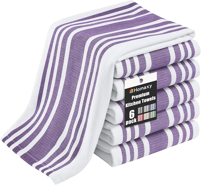 Homaxy Premium Kitchen Towels 18”x 28”, Large Cotton 380 GSM Kitchen Hand Towels, Stripe and Terry Dish Towel, Highly Absorbent Tea Towel Set with Hanging Loop, 6 Pack, Purple