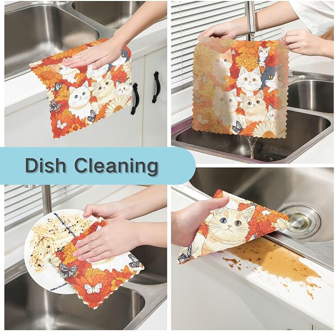 Orange Chrysanthemum Cats Butterflies Kitchen Towels Dish Cloths Set of 6 Microfiber Cleaning Cloths for Cars Super Absorbent Machine