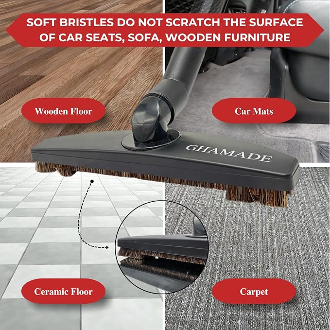 Replacement Vacuum Brush Head With 32MM Connection & 1-3/8-Inch to 1-1/4-Inch Adapter | Works on Low Carpet & All Floors | Horse Hair Hardwood Vacuum Attachment