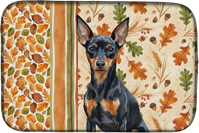 Caroline's Treasures Black and Tan Miniature Pinscher Heirloom Fall Dish Drying Mat Absorbent Dish Drying Mat Pad for Kitchen Counter Dish Drainer Mat for Countertop, 14 x 21", Multicolor