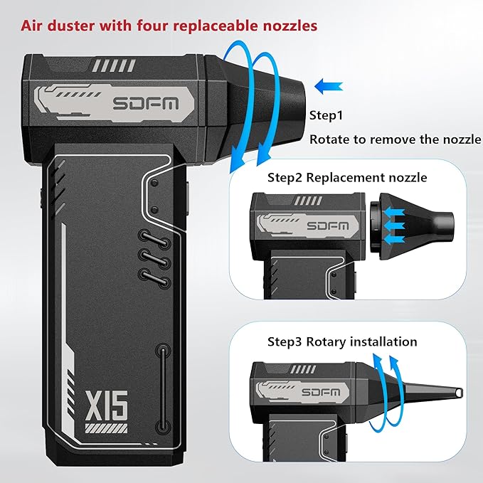 SDFM Compressed Air Duster - 180,000 RPM Snow Blower - with Brushless Motor, 3-Gear Adjustable Air Duster - for Keyboard, PC, Car, Air Bed, and Home Cleaning (X15+X3B)