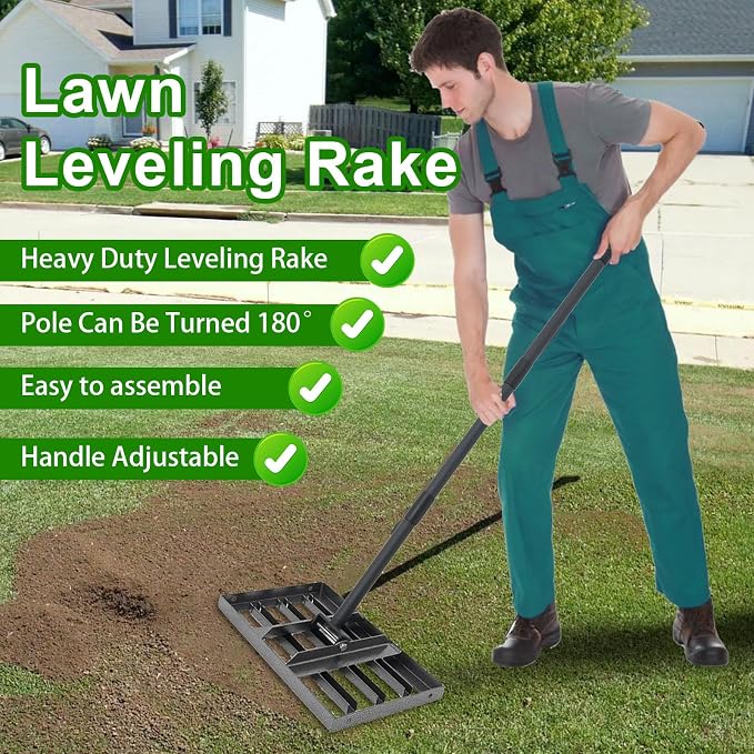 Lawn Leveling Rake 17"x10",Lawn Leveling Tool with 68" Long Adjustable Stainless Steel Handle for Leveling Soil,Grass,Sand or Dirt,Heavy Duty Lawn Leveler for Backyard,Garden,Golf Course,Farm,Pasture