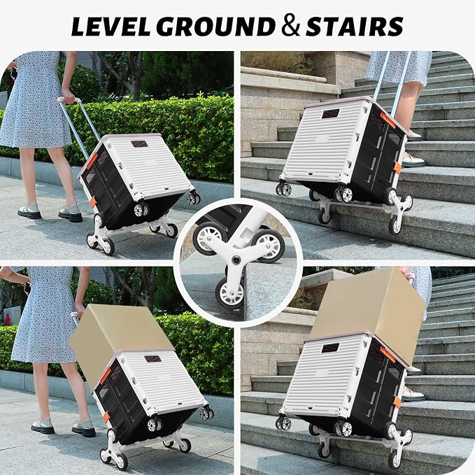 FELICON SELORSS Folding Utility Cart Portable Rolling Crate Handcart with Stair Climbing Wheels&360°Swivel Wheels Telescoping Handle Plastic Box Dolly for Travel Shop Move Office Teacher Use(White)