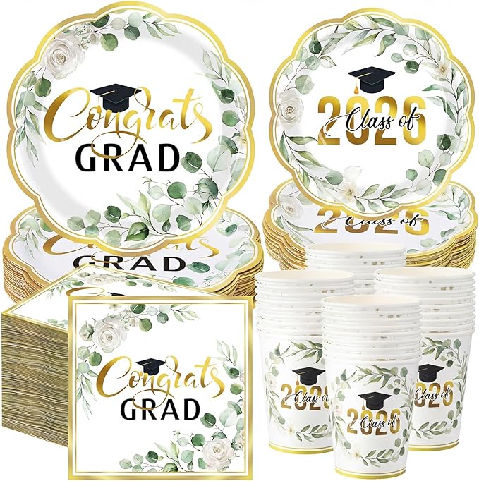 Pickmesh 250 Pcs Class of 2026 Graduation Party Supplies for 50, Sage Green Gold Floral Congrats Grad Paper Plates Napkins Cups Disposable Graduation Party Tableware Set for Grad Table Decoration