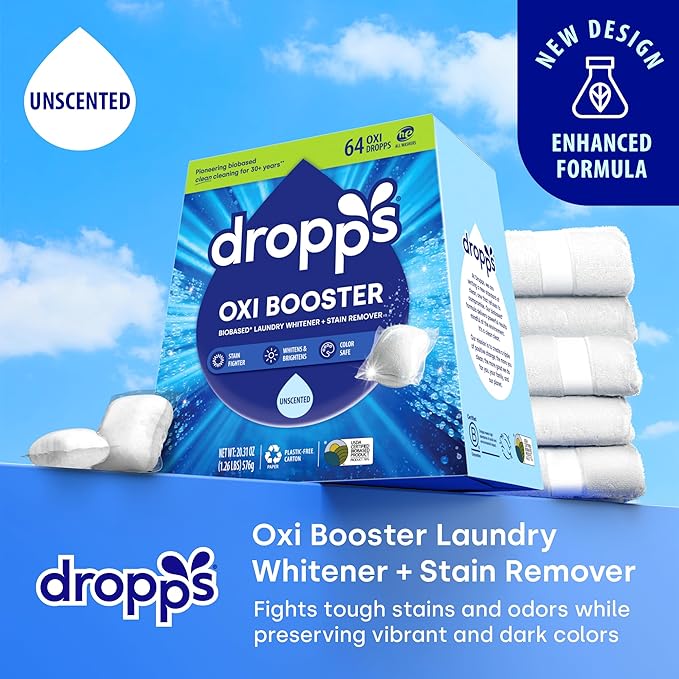 Dropps Oxi Booster Pods, Unscented (64 Count) - Laundry Whitener & Stain Remover | Free & Clear | Laundry Booster | Chlorine-Free Bleach Alternative | Clean Ingredients | Plastic-Free Packaging