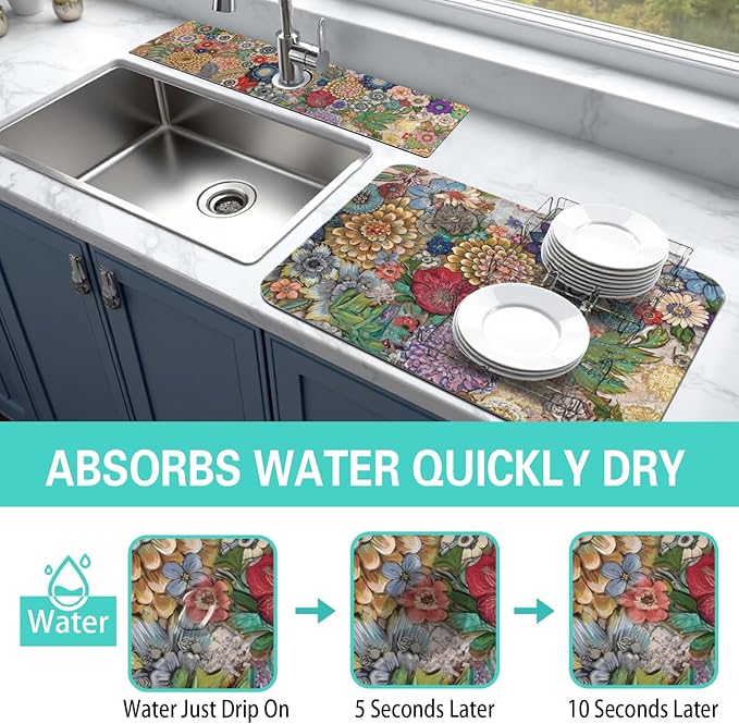 Dish Drying Mat for Kitchen Counter Matt, 2PCS 23"x15" Dish Drainer Mat & 24"x5.5" Sink Splash Guard, Super Absorbent Non-slip Rubber Backed