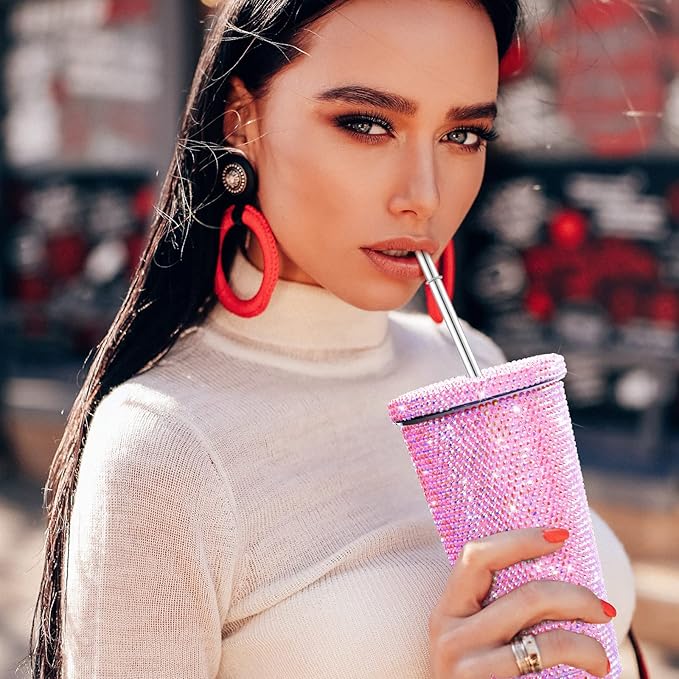 Mimorou Studded Bling Diamond Tumbler Glitter Water Bottle with Lid Stainless Steel Vacuum Thermal Straw Rhinestone Tumbler with 1 Pcs Cup Brush 6 Pcs Straw Brushes for Women(16.9 oz,AB Pink)
