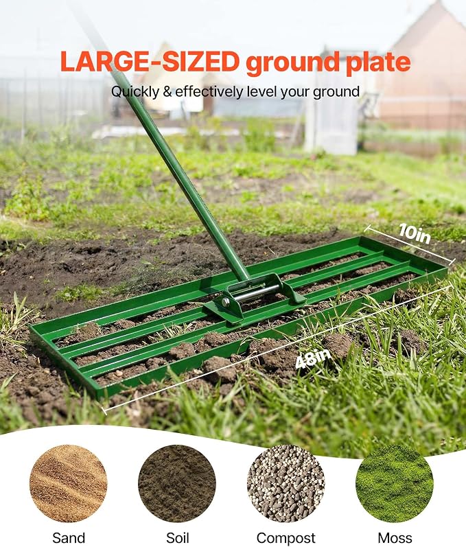 VEVOR Lawn Leveling Rake, 48"x10" Level Lawn Tool, Heavy-Duty Lawn Leveler with 78" Steel Extended Handle, Yard Leveling Rake Suit for Garden, Golf Lawn, Farm