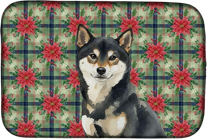 Caroline's Treasures Black and Tan Shiba Inu Christmas PoinsettIas Dish Drying Mat Absorbent Dish Drying Mat Pad for Kitchen Counter Dish Drainer Mat for Countertop, 14 x 21", Multicolor