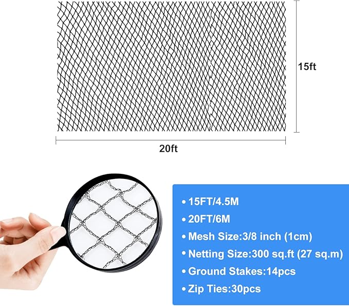 BUZIFU Pond Netting, 15 x 20FT Heavy Duty Pond Net for Koi Ponds, Garden Pool Fine Mesh Netting Kit for Leaves, Protects Koi Fish from Birds Cats Predators, with 14 Stakes and 30 Cable Zip Ties