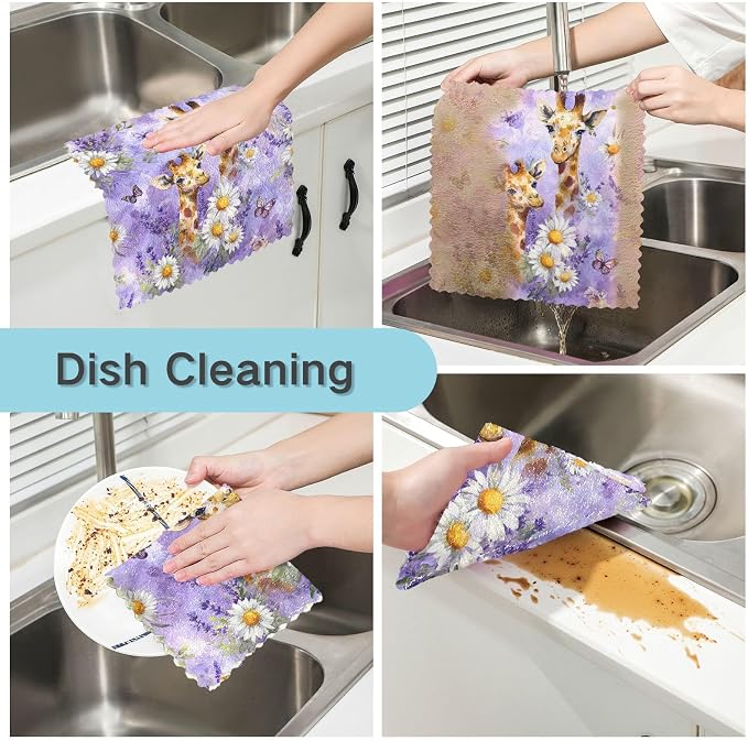 Watercolor Giraffe Daisy Purple Kitchen Towels Dish Cloths Set of 6 Microfiber Cleaning Cloths for Cars Super Absorbent Machine