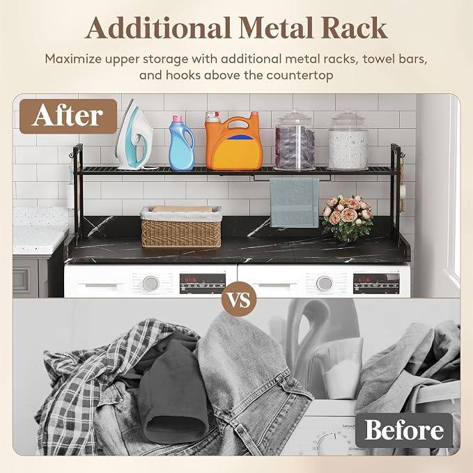 Lifewit Washer Dryer Countertop with Adjustable Shelf, Melamine Cover for The Top with Edge Rails, Towel Rack for Laundry Room Storage and Organization, Hold 200lbs, Black Marble, 54" x 27.5"