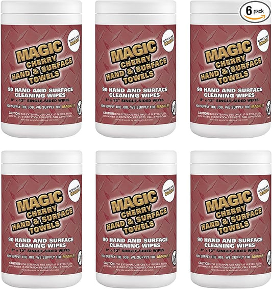 Magic Cherry Scented Heavy Duty Cleaning Wipes - Single Sided Hand & Surface Shop Towels | Professional-grade Cleaning | Waterless | Cleans Grease, Oil, Dirt, & more (6 Pack | 540 Sheets Total)