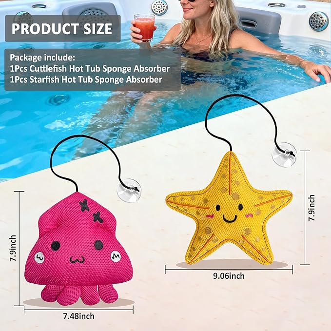 2 Pack Hot Tub Scum Absorber, Upgrade Reusable Starfish and Squid Hot Tub Absorber Accessories Sponge for Spa & Pool Cleaner, Hot Tub Oil Absorbing Keeps Water Clean