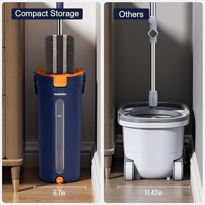 HoMettler Mop and Bucket Set with Wringer, 3-Tank Flat Mop and Bucket System, Wall Mop Cleaner with Long Handle, Hands Free Mops for Floor Cleaning with 4 Microfiber Pads