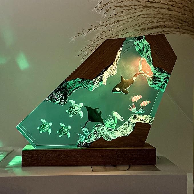 Orca Ocean Resin Lamp, Handmade Wooden Table Resin Night Light, USB Port Art Ornaments for Home Office Decor, Scuba Diver Gifts for Holiday, Unique Birthday Gifts for Mom Grandma Brother Sister