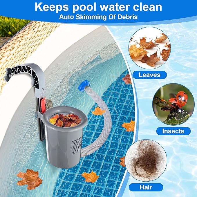 Tujoe Above Ground Pool Surface Skimmer with 5 Foot Leaf Skimmer Net and 20 Pool Filter Socks Skimmer Socks, Automatically Cleans Wall Mount Pool Surface Skimmer Pool Maintenance Accessories for Clean