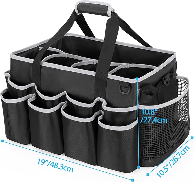 HODRANT Extra-Large Wearable Cleaning Caddy, Organizer Bag for Products, Housekeeper Tote With Pad, Handle & Divider, Car Wash Tools Bag for Detailing Supplies, Gray Edge