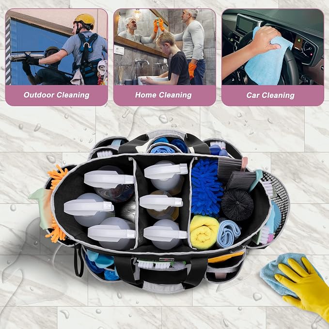 LoDrid Cleaning Caddy Bag with Handle and Shoulder Strap, Cleaning Supplies Organizer for Cleaning Work with 3 Compartments and Multifunctional Pockets, Black with Gray Edge
