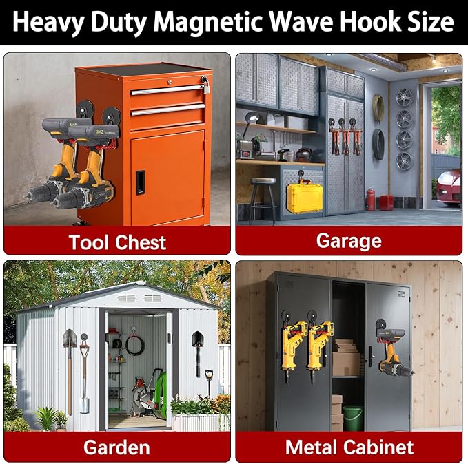 3-H Extra Strong Magnetic Hooks,Heavy Duty Large Anti-Slip Magnet Hooks Wave Shape,No-Drill Tool Holder for Garage,Power Drill,Garden Tools,Hose Storage,2 Pack Red