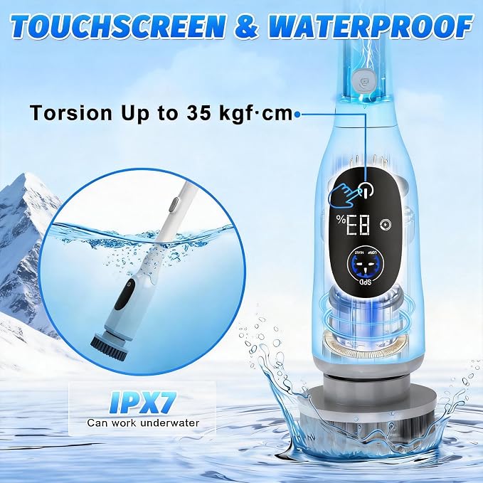 Electric Spin Scrubber, Cordless Shower Scrubber with Adjustable Long Handle, 3 Speeds with IPX7 Bathroom Scrubber, 8 Brush Heads, Electric Cleaning Brush for Bathroom/Kitchen/Bathtub/Crack/Floor/Tile