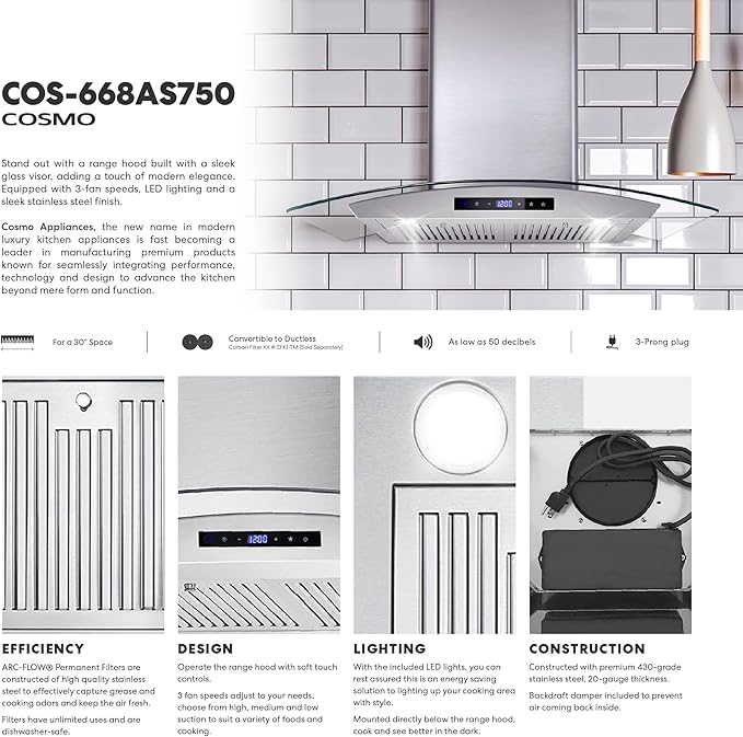 COSMO COS-668AS750 30 in. Vista Collection 380 CFM Ducted Wall Mount Range Hood, Touch Controls, LED Lights, Stainless Steel