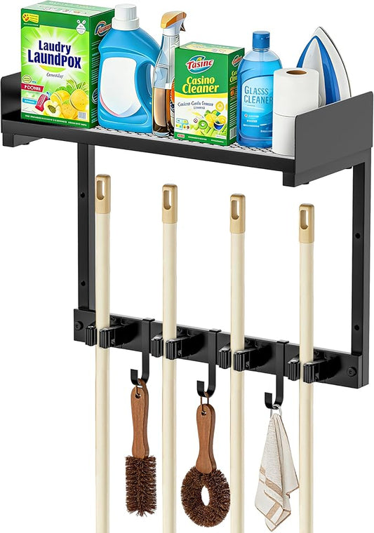HUFAND Broom Holder Wall Mount, 15" Large Mop and Broom Organizer Wall Hanging with Top Storage Shelf, Heavy Duty Iron Utility Rack for Laundry Room, Garage, Kitchen, Garden - Black
