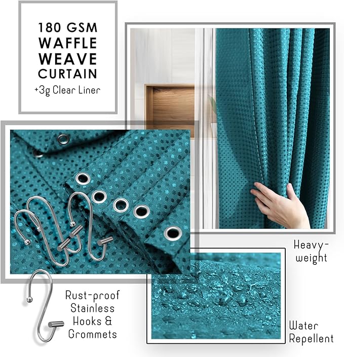 Clara Clark Bathroom Accessories Set - Bathroom Set, Bathroom Accessory Set, Shower Curtain Set, Toilet Brush, Trash Can & Soap Dispenser - Teal - 20PC