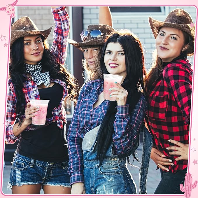 Jingmore 100 Pcs Western Plastic Cups 12 oz Clear Disposable Plastic Cowboy Cowgirl Drinking Cups Bulk for Boho Preppy Baby Shower Birthday Wild West Party Decoration Supplies(Western Cowgirl,Pink)