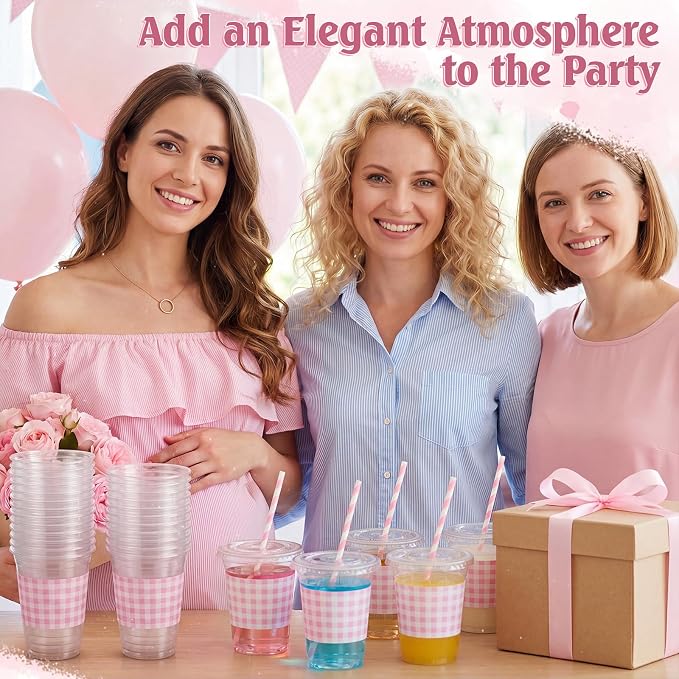Domensi 25 Sets Pink and White Gingham Plastic Cups with Lids and Paper Straws 12oz Checkered Disposable Drinking Cups Bulk for Cold Drinks Baby Shower Wedding Birthday Summer Party Supplies