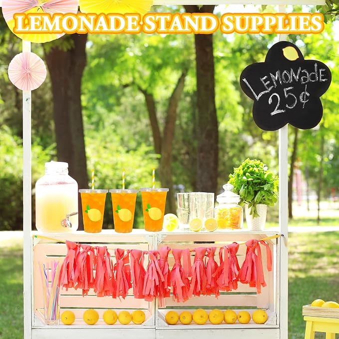 Whaline 50Pcs 16Oz Lemon Disposable Plastic Cups with Lids and Straws Summer Citrus Fruit Cold Beverage Drinking Cups for Birthday Baby Shower Party Supplies