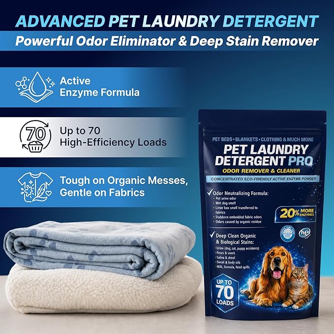 Pet Laundry Detergent Pro Enzyme Odor Remover - Deep Clean of Stubborn Stains - Urine (Dog, Cat, Puppy Accidents), Feces & Vomit, Saliva & Drool, Sweat & Body Oils, Food Spills - HE Support - 70 Loads