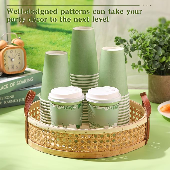 Zopeal 50 Pack Sage Green 12 oz Disposable Coffee Cups with Lids and Sleeves, Paper Hot Travel Cups for Beverages, Wedding, Baby Shower, Office and Party Supplies