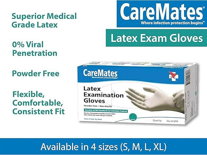 CareMates Latex Medical Exam Gloves, Powder Free, Extra Strong, 5 Mil Thick, Certified for Home Infusion, First Aid, Food Safe, Cleaning Gloves, Small, 50-Count