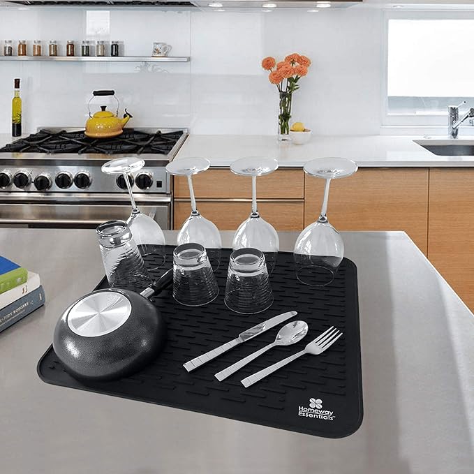 Silicone Dish Drying Mat - 17 x 15, Large Counter Top Draining Sink Mat, Trivet (LARGE, BLACK)