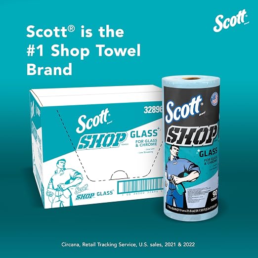 Scott Shop Original Glass Towels (32896), Blue, Cloth-like Paper Towel for Mirrors and Chrome, 8.6"x11" Wipe (12 Rolls of 90 Sheets, 1,080 Sheet Total)