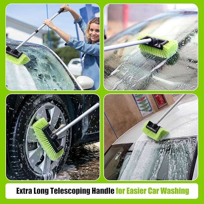 2 Pack 58 Inch Extendable Car Wash Brushes, Soft Bristled Scratch Free Cleaning System with Long Handle, Universal Cleaning Tool Set for Vehicles Home Windows Tires Snow Removal (Green)