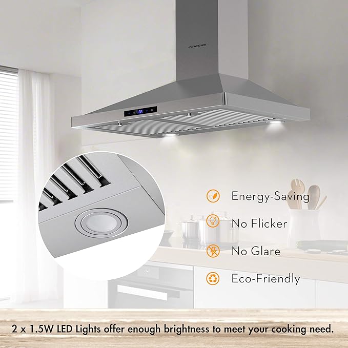 FIREGAS Range Hood 30 inch Wall Mount,450 CFM Ducted/Ductless Range Hood with Stainless Steel,Stove Hood Vent for Kitchen with 3 Speed Fan,Permanent Filters,Led Lights,Digital Touch,Charcoal Filter