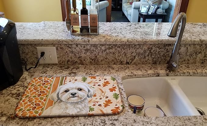 Caroline's Treasures White Lhasa Apso Heirloom Fall Dish Drying Mat Absorbent Dish Drying Mat Pad for Kitchen Counter Dish Drainer Mat for Countertop, 14 x 21", Multicolor